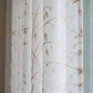 White Pure Linen Sheer Curtains with Beige Bellflower Vine Embroidery, Custom Botanical Drapes, Single or Pair — image 1