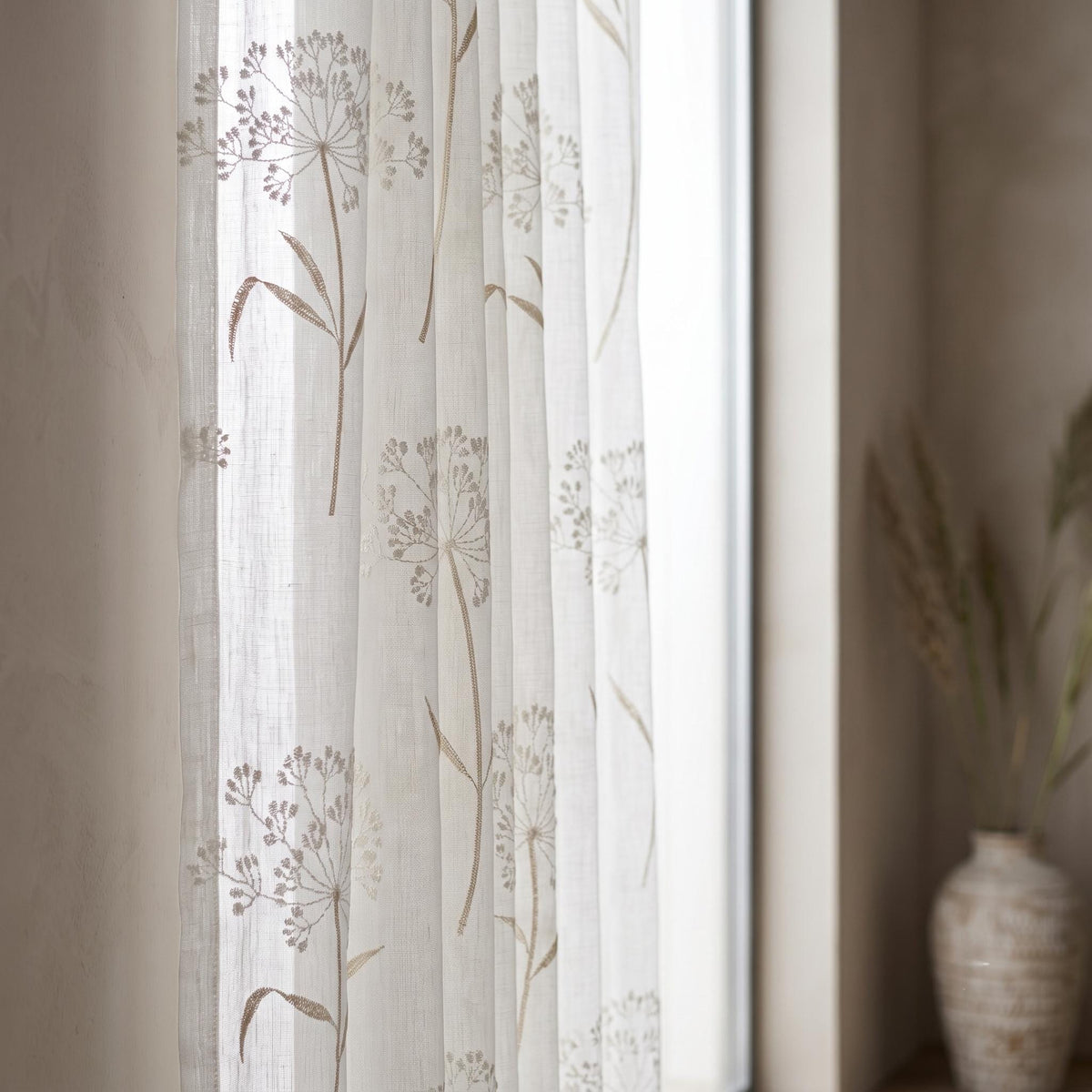 White Pure Linen Sheer Curtains with Queen Anne Lace Embroidery, Custom Floral Drapes, Single or Pair — image 7