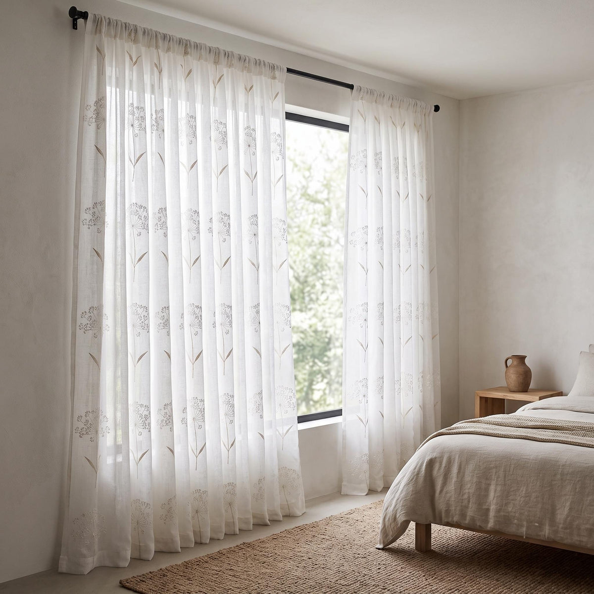 White Pure Linen Sheer Curtains with Queen Anne Lace Embroidery, Custom Floral Drapes, Single or Pair — image 6