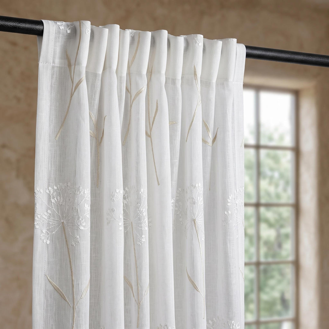 White Pure Linen Sheer Curtains with Queen Anne Lace Embroidery, Custom Floral Drapes, Single or Pair — image 1