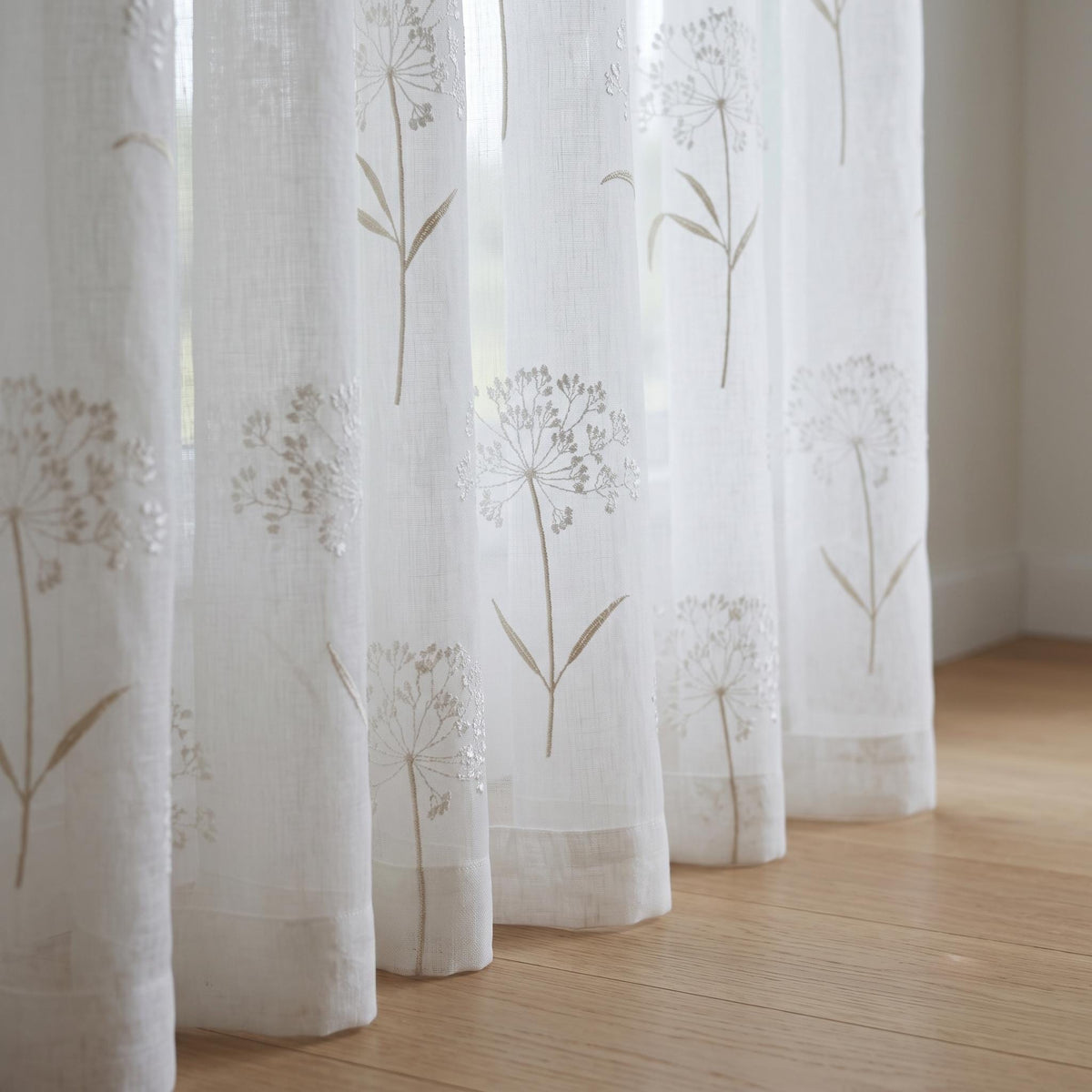 White Pure Linen Sheer Curtains with Queen Anne Lace Embroidery, Custom Floral Drapes, Single or Pair — image 4
