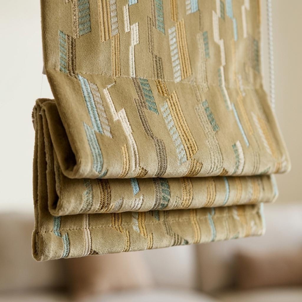 Custom Velvet Roman Shade, Golden Beige Embroidered Geometric Blind, Mustard Aqua Ivory Blackout Window Treatment — image 8