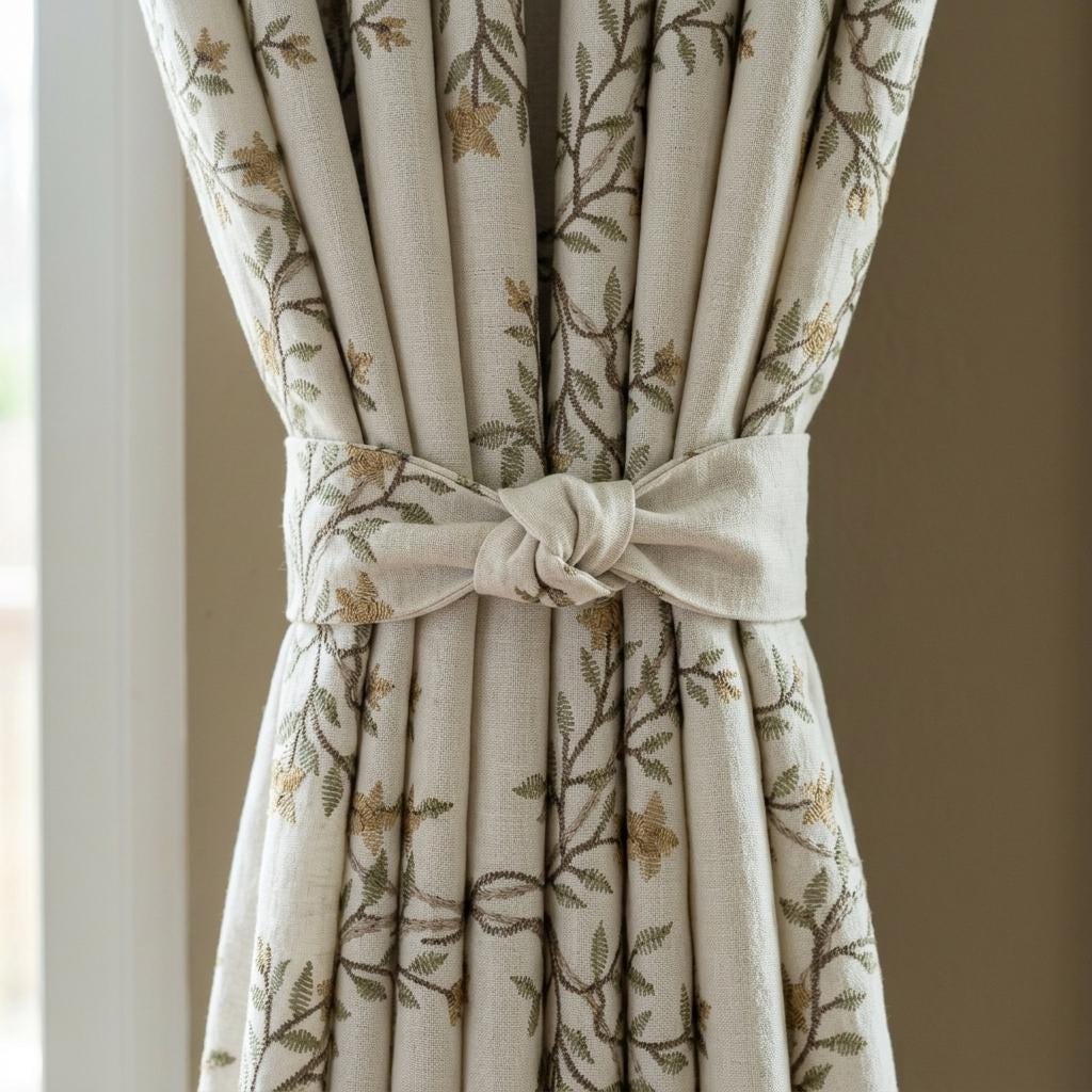 Ivory Linen Curtains, Sage Beige Floral Vine Embroidered Drapes, Botanical Blackout or Cotton Lined Custom Panels — image 1
