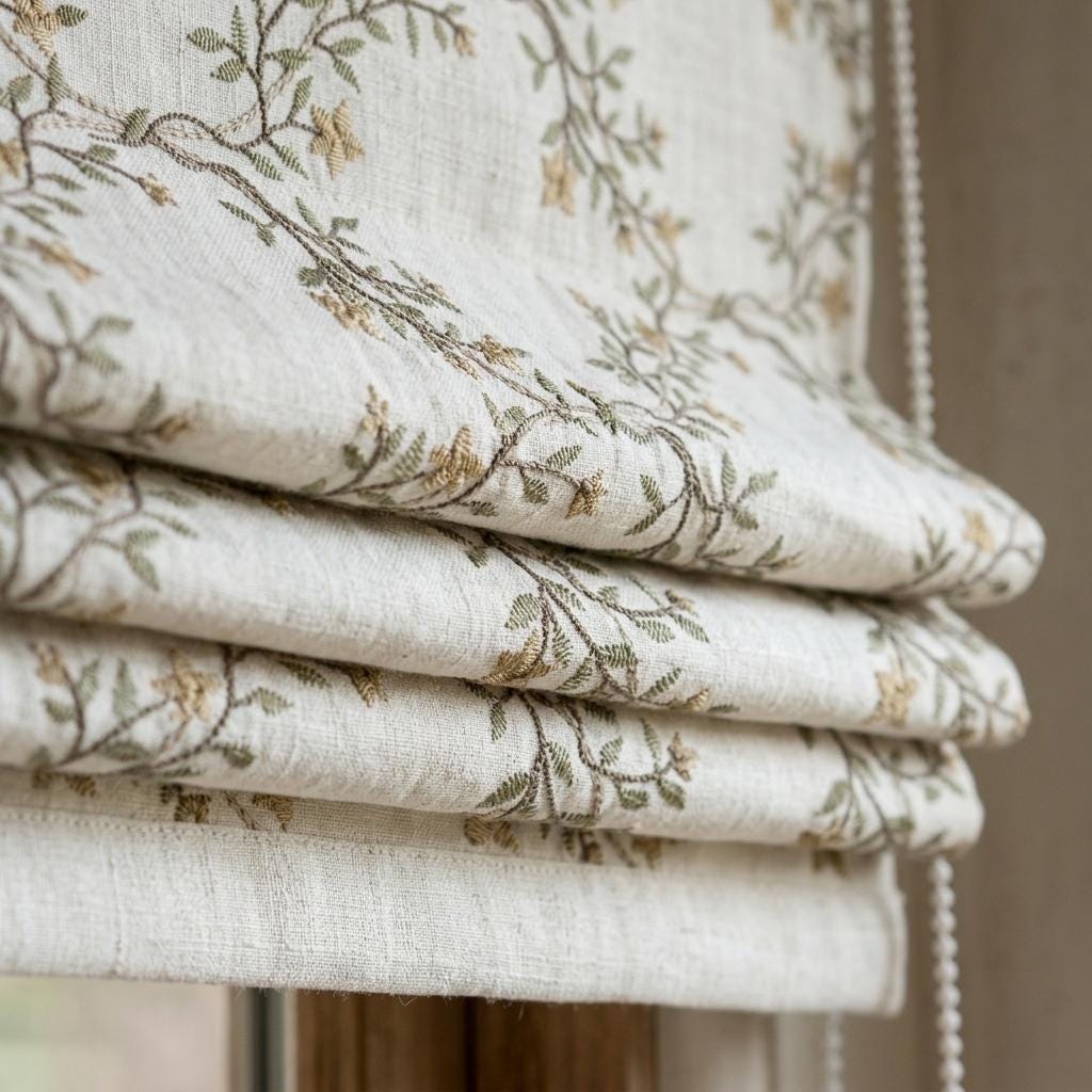 Ivory Embroidered Linen Roman Shade, Sage Gold Botanical Vine Blind, Custom Corded Blackout or Cotton Lined — image 4