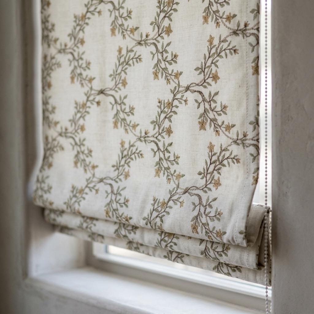 Ivory Embroidered Linen Roman Shade, Sage Gold Botanical Vine Blind, Custom Corded Blackout or Cotton Lined — image 3