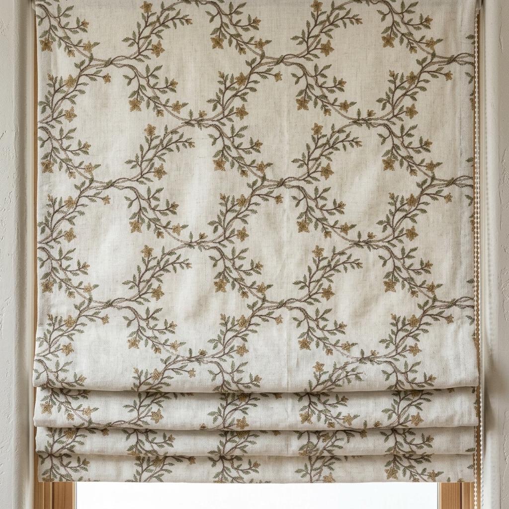 Ivory Embroidered Linen Roman Shade, Sage Gold Botanical Vine Blind, Custom Corded Blackout or Cotton Lined — image 5