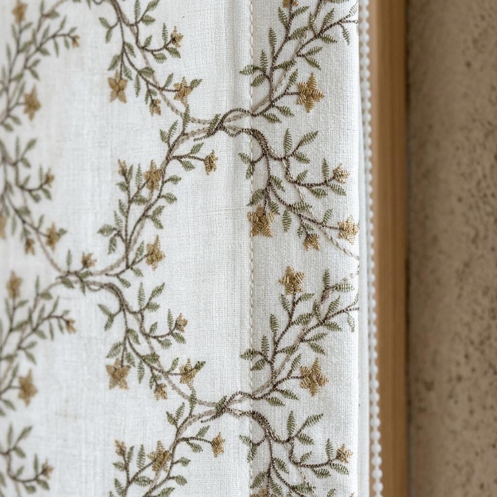 Ivory Embroidered Linen Roman Shade, Sage Gold Botanical Vine Blind, Custom Corded Blackout or Cotton Lined — image 9