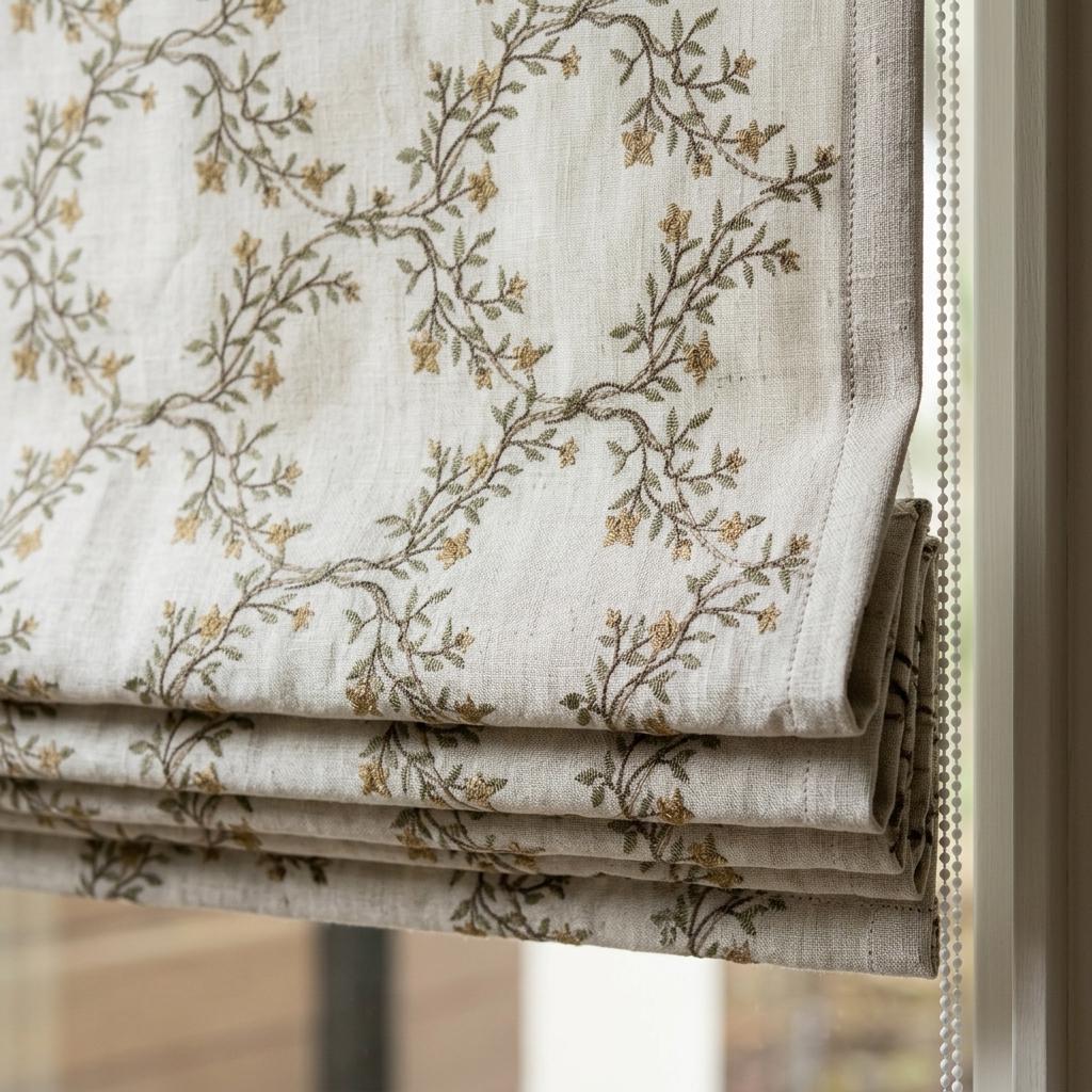Ivory Embroidered Linen Roman Shade, Sage Gold Botanical Vine Blind, Custom Corded Blackout or Cotton Lined — image 2