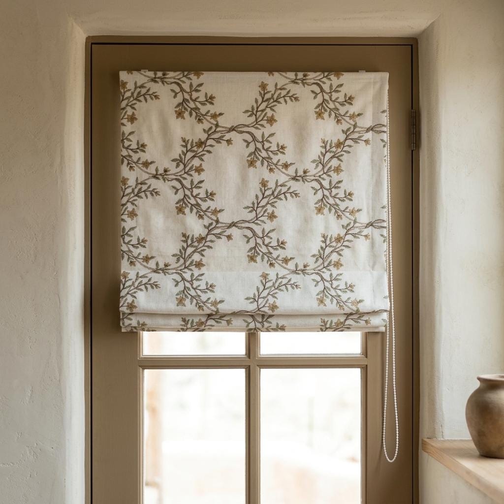 Ivory Embroidered Linen Roman Shade, Sage Gold Botanical Vine Blind, Custom Corded Blackout or Cotton Lined — image 7