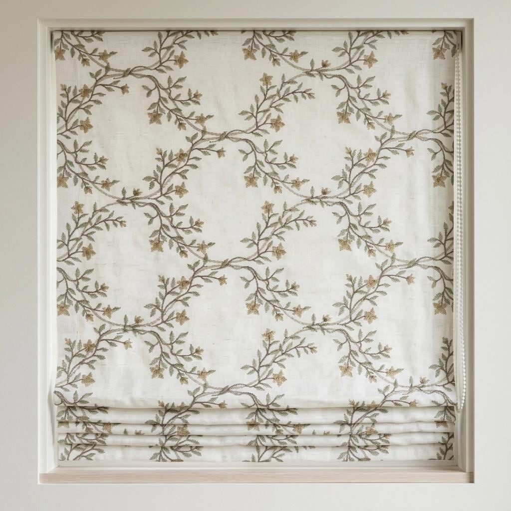 Ivory Embroidered Linen Roman Shade, Sage Gold Botanical Vine Blind, Custom Corded Blackout or Cotton Lined — image 1