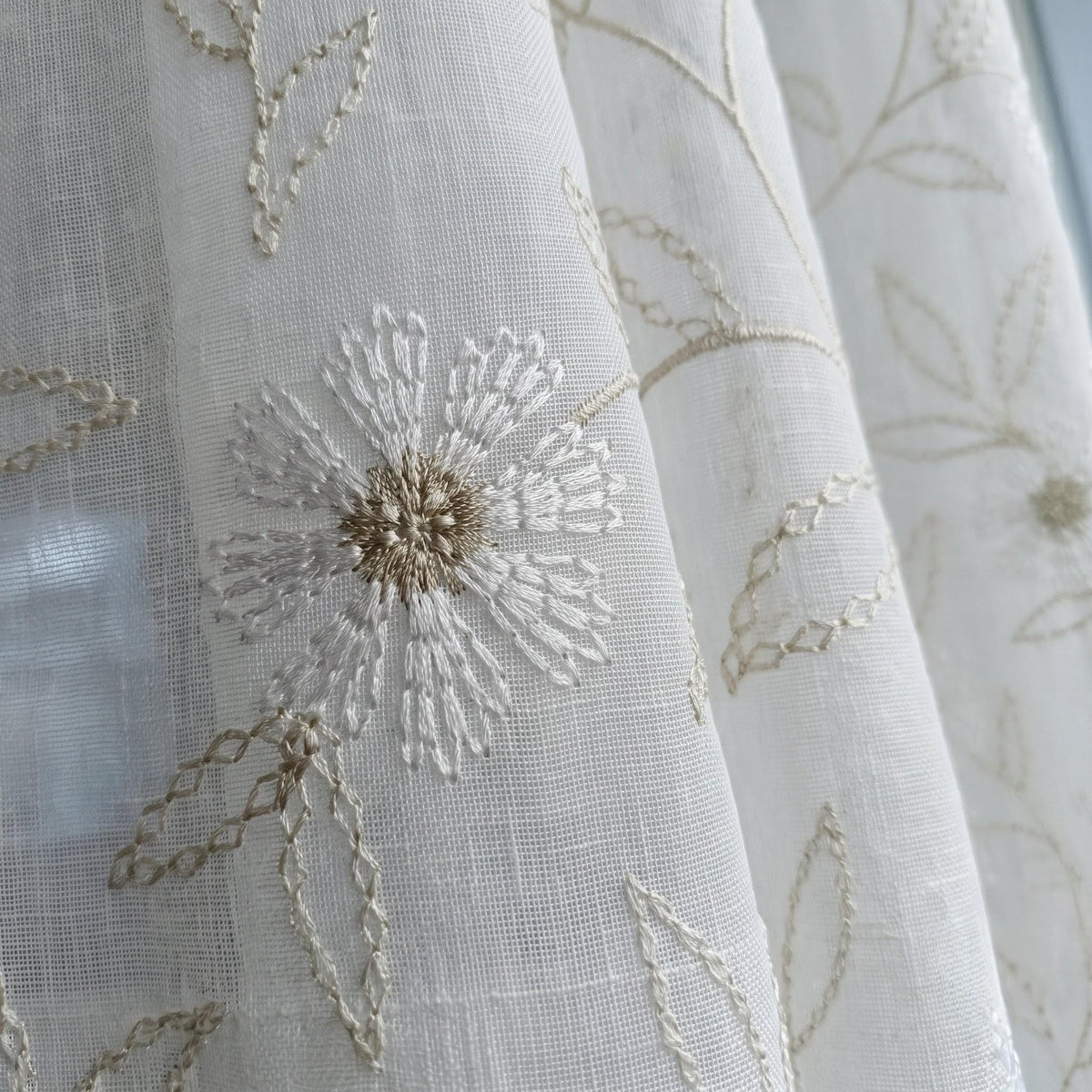 White Pure Linen Sheer Curtains with Beige Daisy Flower Vine Embroidery, Custom Floral Drapes, Single or Pair — image 3