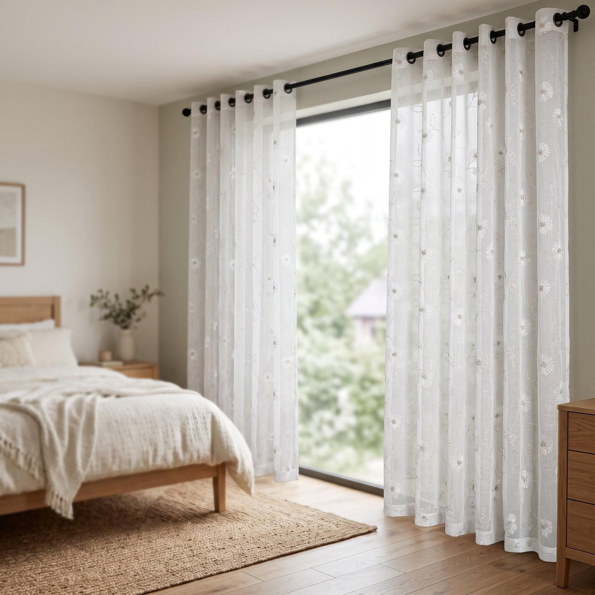 White Pure Linen Sheer Curtains with Beige Daisy Flower Vine Embroidery, Custom Floral Drapes, Single or Pair — image 5