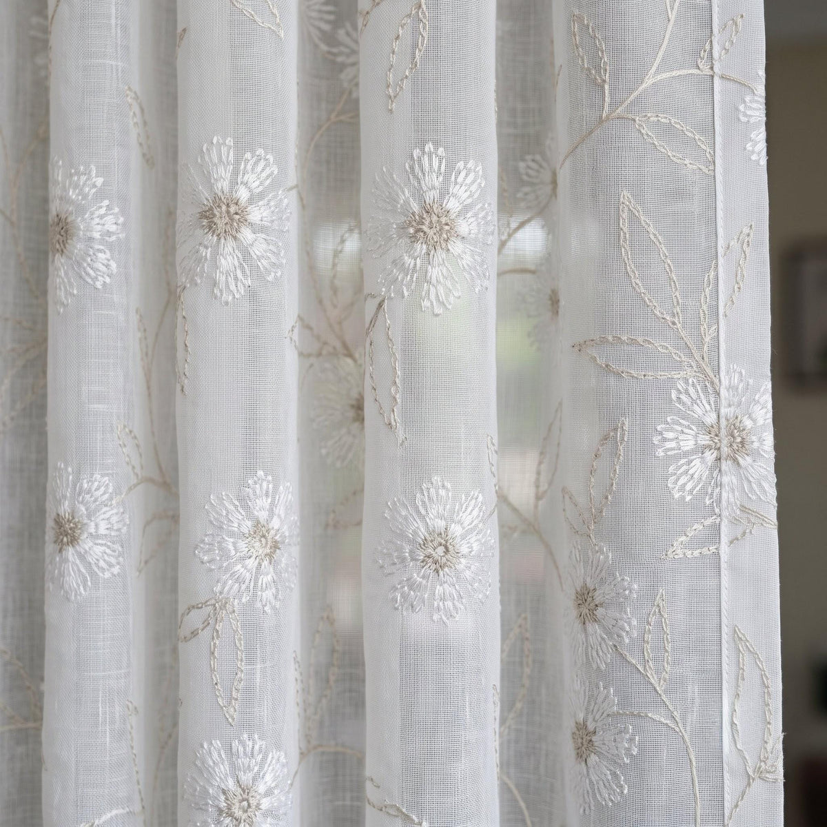 White Pure Linen Sheer Curtains with Beige Daisy Flower Vine Embroidery, Custom Floral Drapes, Single or Pair — image 6