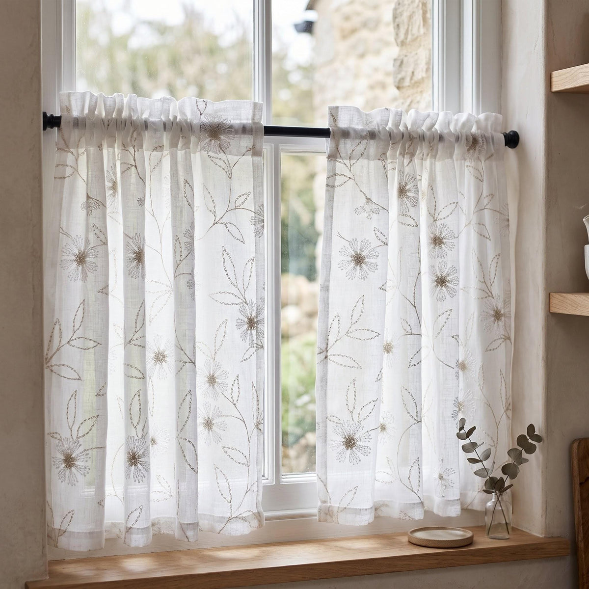 White Pure Linen Sheer Curtains with Beige Daisy Flower Vine Embroidery, Custom Floral Drapes, Single or Pair — image 7