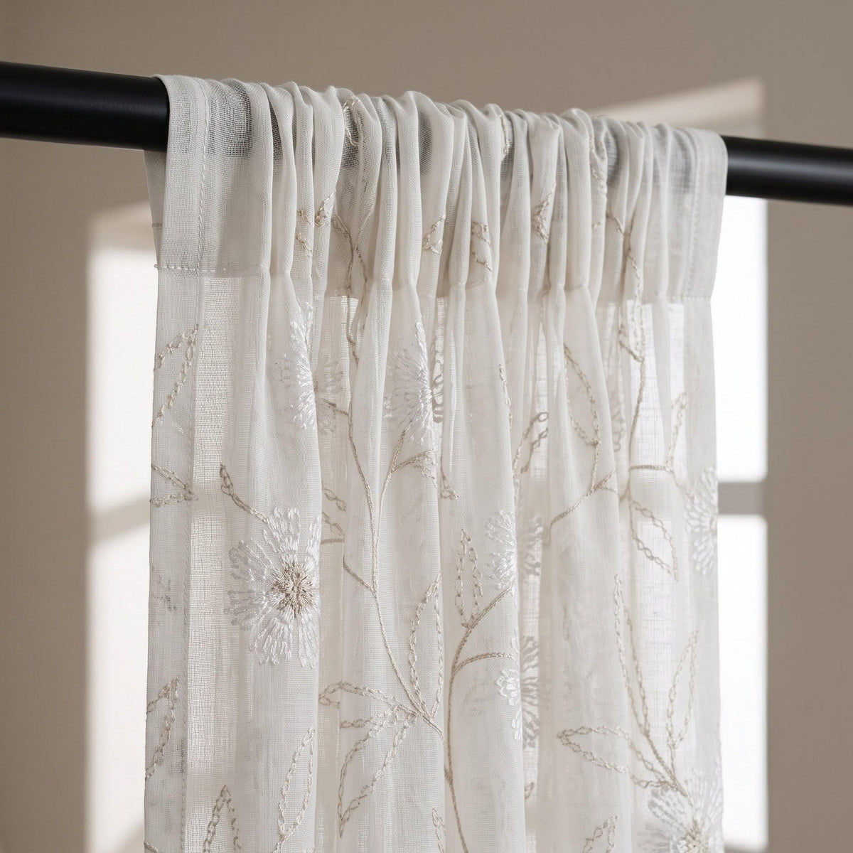 White Pure Linen Sheer Curtains with Beige Daisy Flower Vine Embroidery, Custom Floral Drapes, Single or Pair — image 8