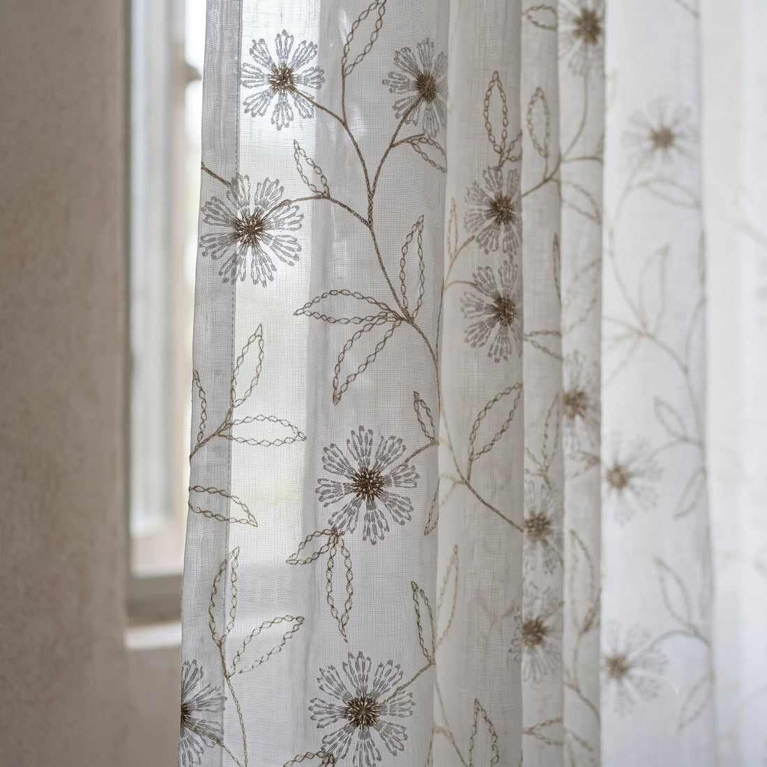 White Pure Linen Sheer Curtains with Beige Daisy Flower Vine Embroidery, Custom Floral Drapes, Single or Pair — image 1