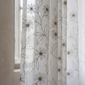 White Pure Linen Sheer Curtains with Beige Daisy Flower Vine Embroidery, Custom Floral Drapes, Single or Pair — image 1
