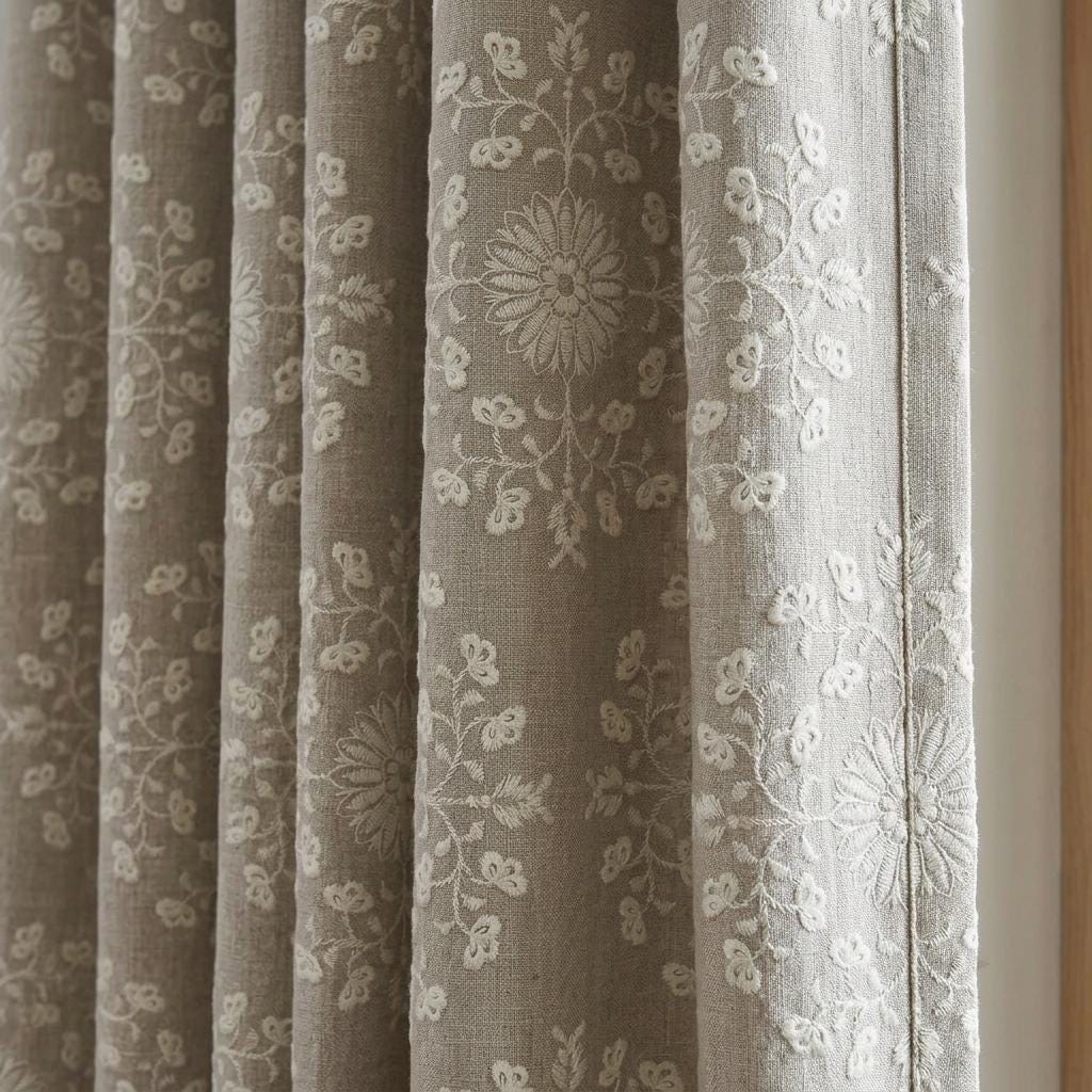 Taupe Linen Embroidered Curtains, Ivory Floral Medallion Drapes, Custom Blackout Farmhouse Curtain Panels — image 1