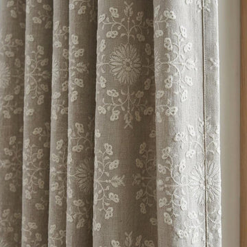 Taupe Linen Embroidered Curtains, Ivory Floral Medallion Drapes, Custom Blackout Farmhouse Curtain Panels — image 1