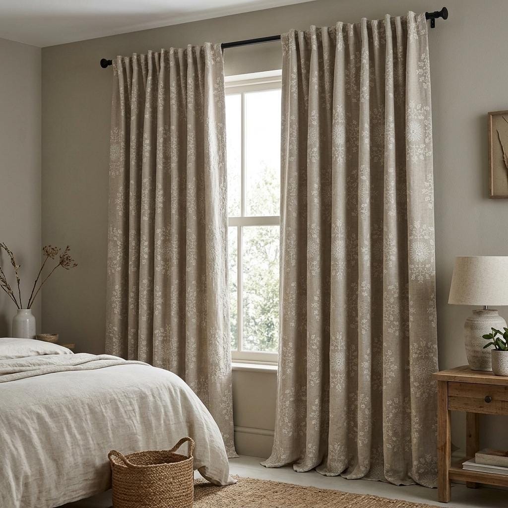 Taupe Linen Embroidered Curtains, Ivory Floral Medallion Drapes, Custom Blackout Farmhouse Curtain Panels — image 3