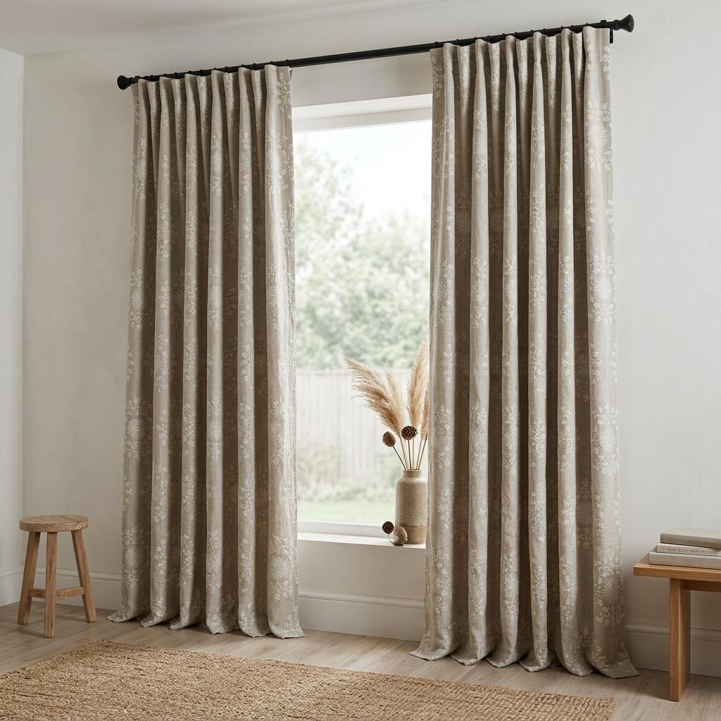 Taupe Linen Embroidered Curtains, Ivory Floral Medallion Drapes, Custom Blackout Farmhouse Curtain Panels — image 5