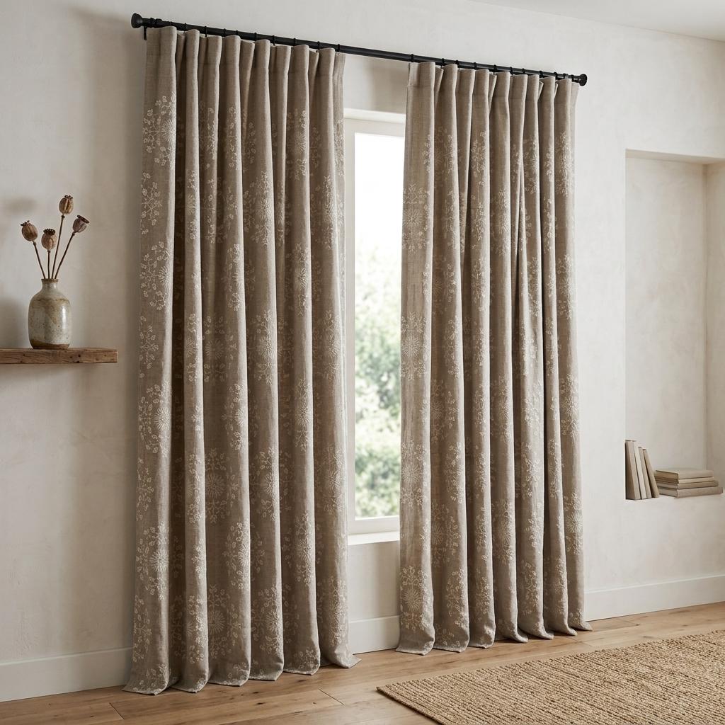 Taupe Linen Embroidered Curtains, Ivory Floral Medallion Drapes, Custom Blackout Farmhouse Curtain Panels — image 8