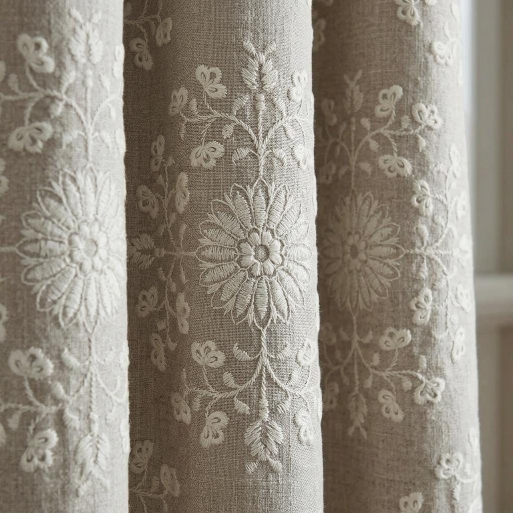 Taupe Linen Embroidered Curtains, Ivory Floral Medallion Drapes, Custom Blackout Farmhouse Curtain Panels — image 9