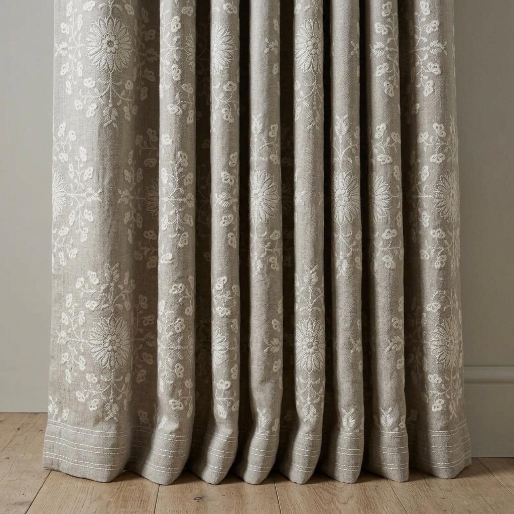 Taupe Linen Embroidered Curtains, Ivory Floral Medallion Drapes, Custom Blackout Farmhouse Curtain Panels — image 6