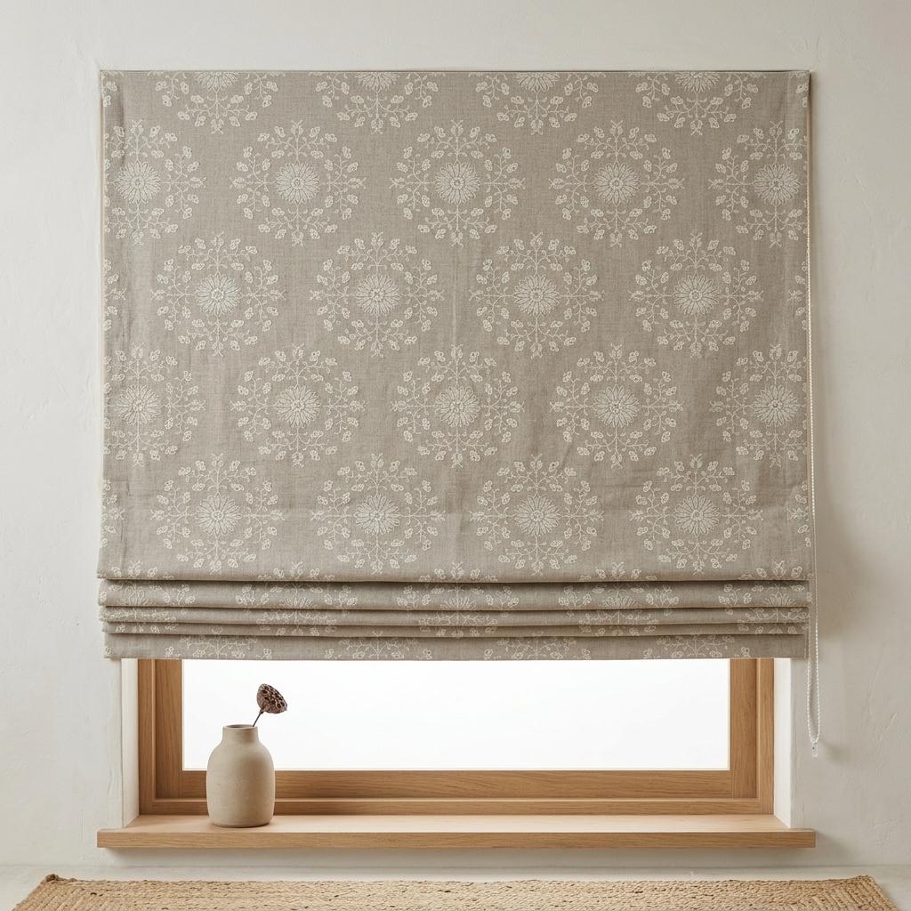 Natural Taupe Linen Roman Shade, Ivory Embroidered Floral Damask Blind, Custom Blackout Corded Window Treatment — image 2