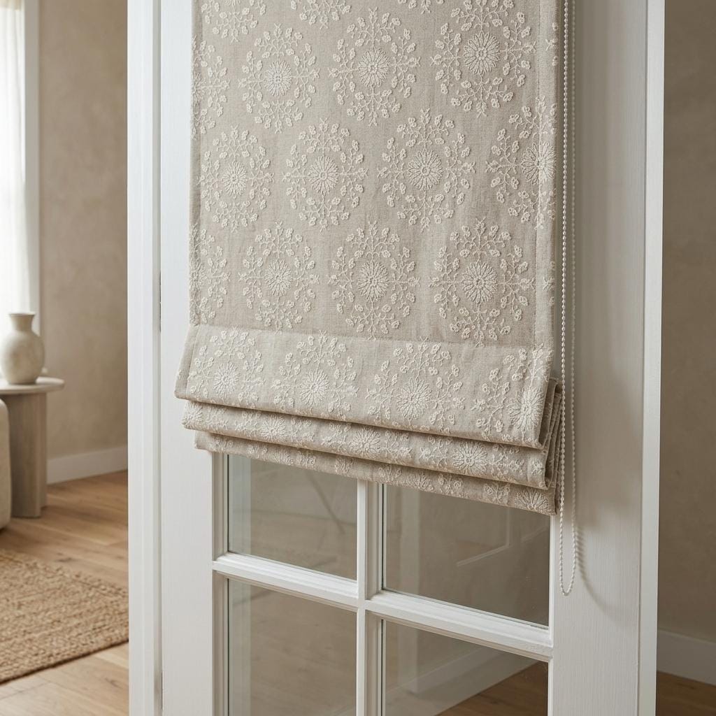 Natural Taupe Linen Roman Shade, Ivory Embroidered Floral Damask Blind, Custom Blackout Corded Window Treatment — image 6