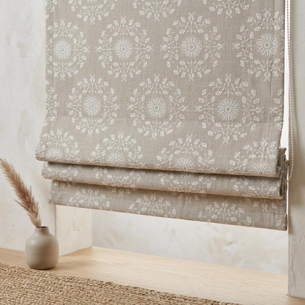 Natural Taupe Linen Roman Shade, Ivory Embroidered Floral Damask Blind, Custom Blackout Corded Window Treatment — image 1