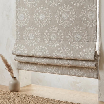Natural Taupe Linen Roman Shade, Ivory Embroidered Floral Damask Blind, Custom Blackout Corded Window Treatment — image 1