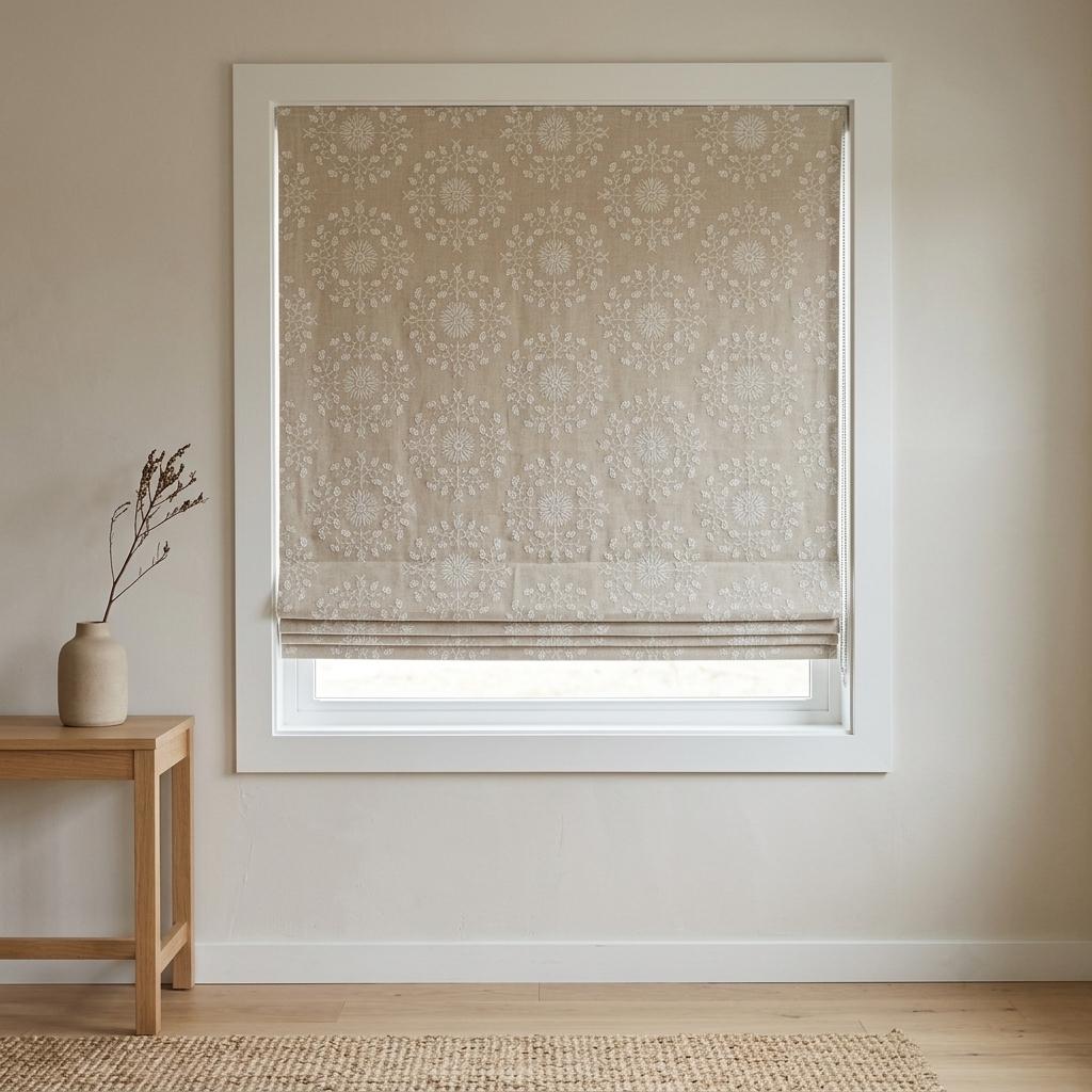 Natural Beige Linen Roman Shade, Ivory Embroidered Floral Damask Blind, Custom Blackout Corded Window Treatment — image 1