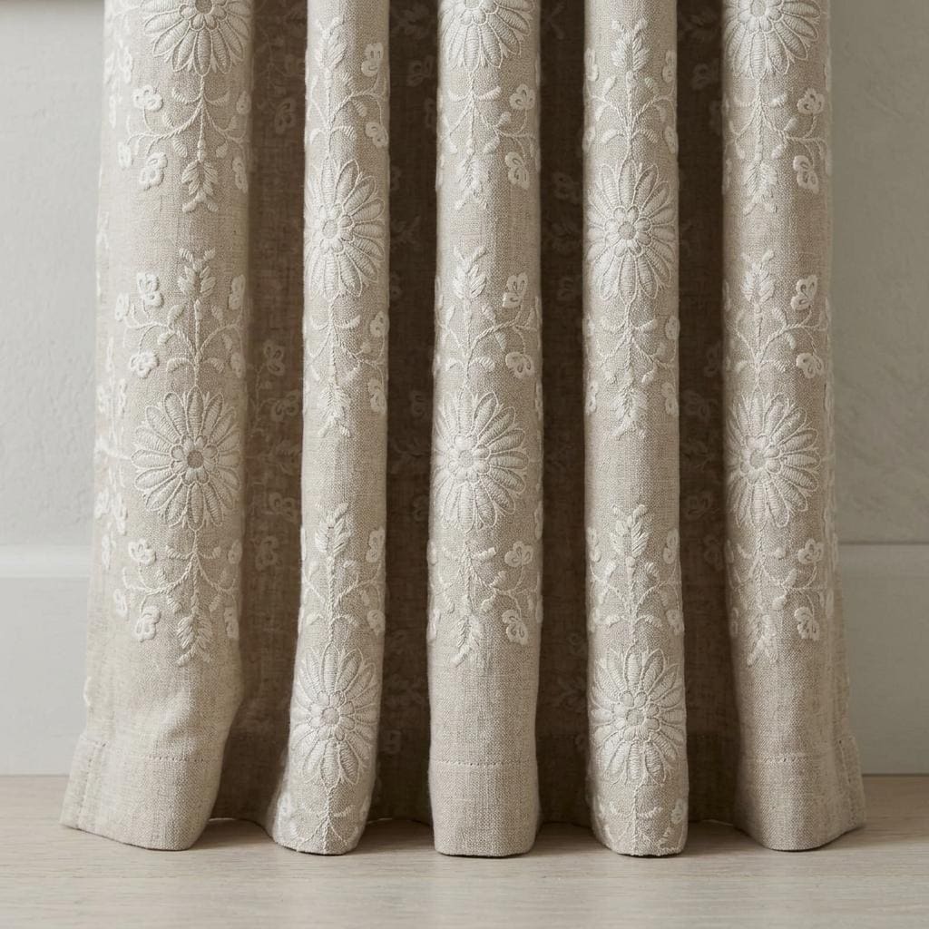 Natural Beige Linen Embroidered Curtains, Ivory Floral Medallion Drapes, Custom Blackout Farmhouse Curtain Panels — image 2