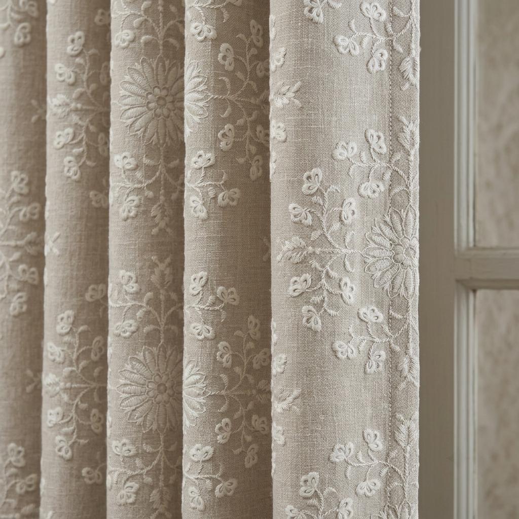 Natural Beige Linen Embroidered Curtains, Ivory Floral Medallion Drapes, Custom Blackout Farmhouse Curtain Panels — image 5