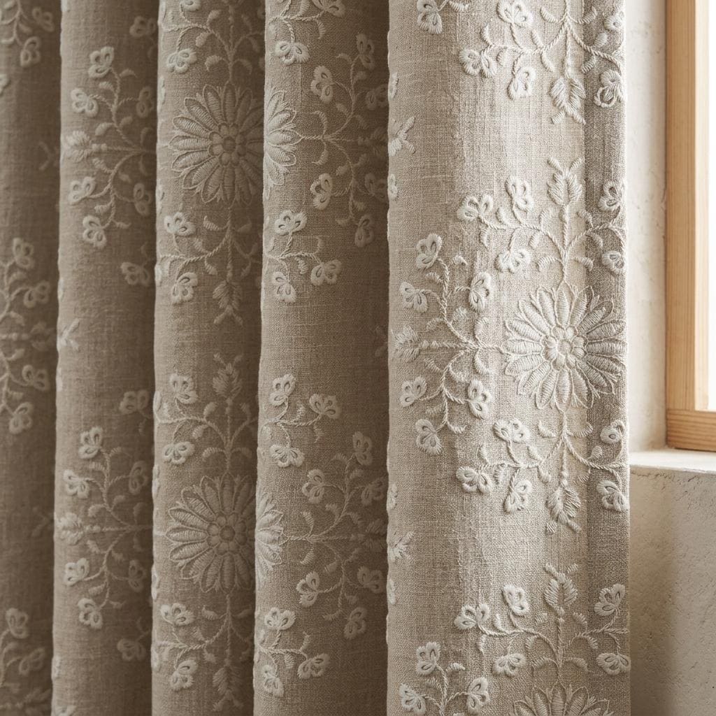 Natural Beige Linen Embroidered Curtains, Ivory Floral Medallion Drapes, Custom Blackout Farmhouse Curtain Panels — image 1