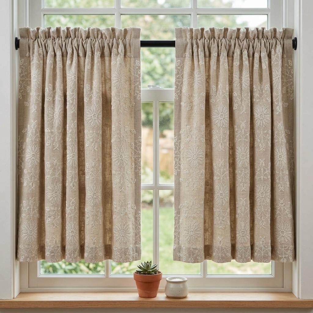 Natural Beige Linen Embroidered Curtains, Ivory Floral Medallion Drapes, Custom Blackout Farmhouse Curtain Panels — image 8