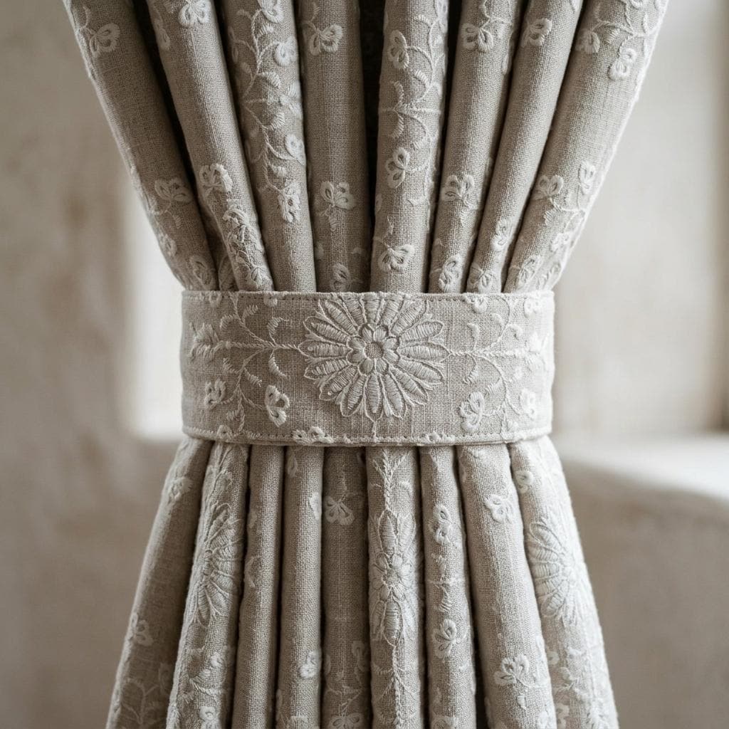 Natural Beige Linen Embroidered Curtains, Ivory Floral Medallion Drapes, Custom Blackout Farmhouse Curtain Panels — image 6