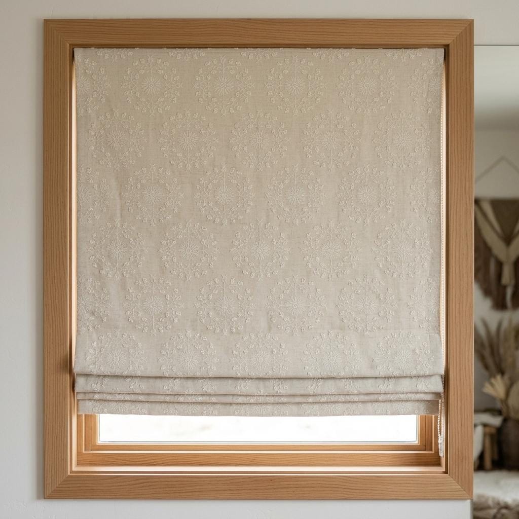 Ivory Linen Roman Shade, Cream Embroidered Floral Damask Blind, Custom Blackout Corded Window Treatment — image 4