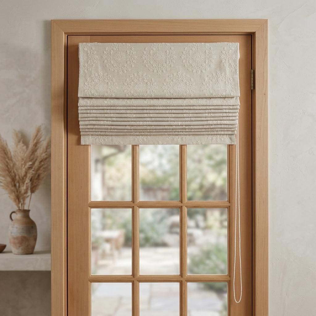 Ivory Linen Roman Shade, Cream Embroidered Floral Damask Blind, Custom Blackout Corded Window Treatment — image 5