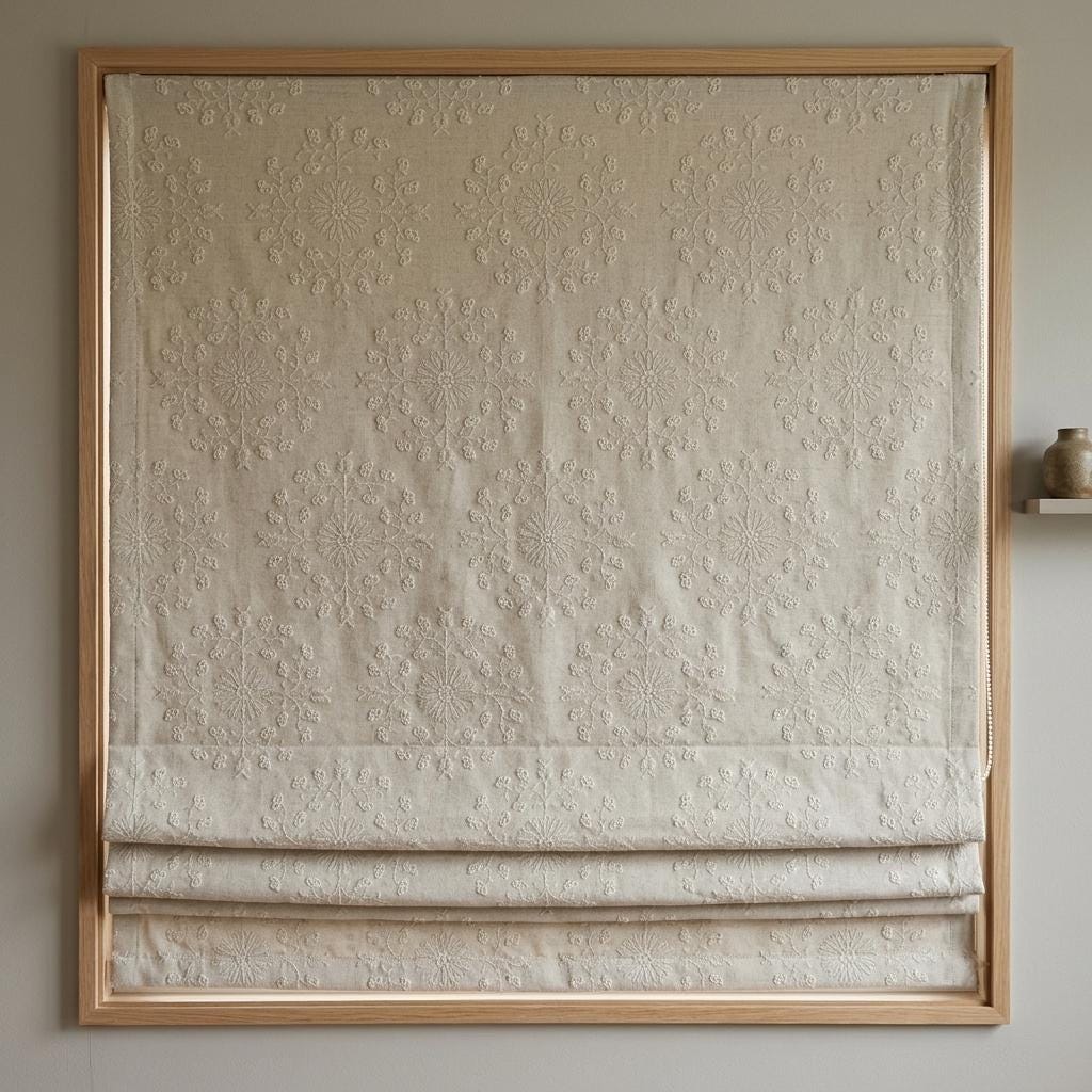Ivory Linen Roman Shade, Cream Embroidered Floral Damask Blind, Custom Blackout Corded Window Treatment — image 8