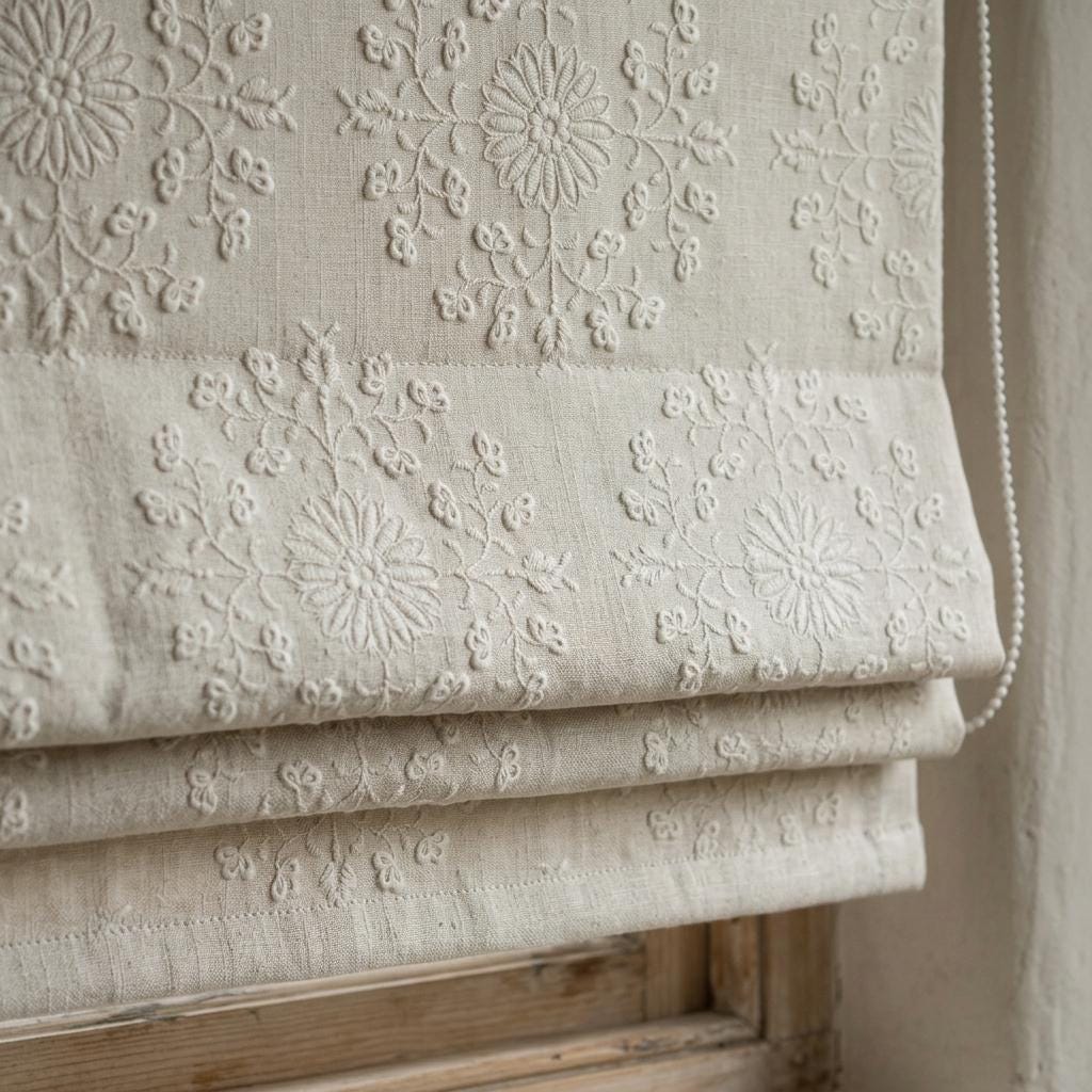 Ivory Linen Roman Shade, Cream Embroidered Floral Damask Blind, Custom Blackout Corded Window Treatment — image 1
