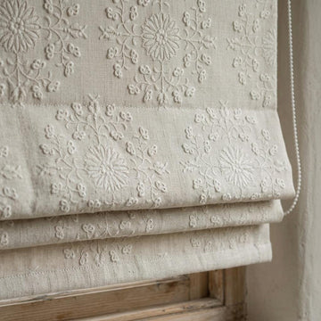 Ivory Linen Roman Shade, Cream Embroidered Floral Damask Blind, Custom Blackout Corded Window Treatment — image 1