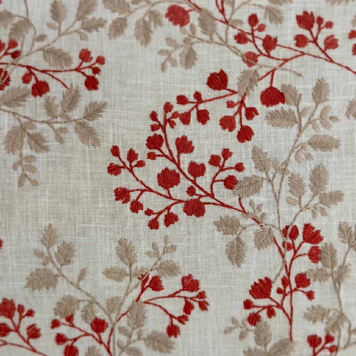 Natural Oatmeal Linen Roman Shade, Rust Red Botanical Leaf Embroidered Blind, Custom Corded Blackout Cotton Lined — image 8