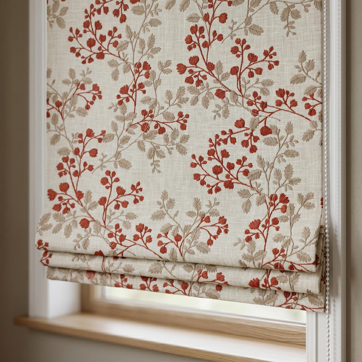 Natural Oatmeal Linen Roman Shade, Rust Red Botanical Leaf Embroidered Blind, Custom Corded Blackout Cotton Lined — image 9