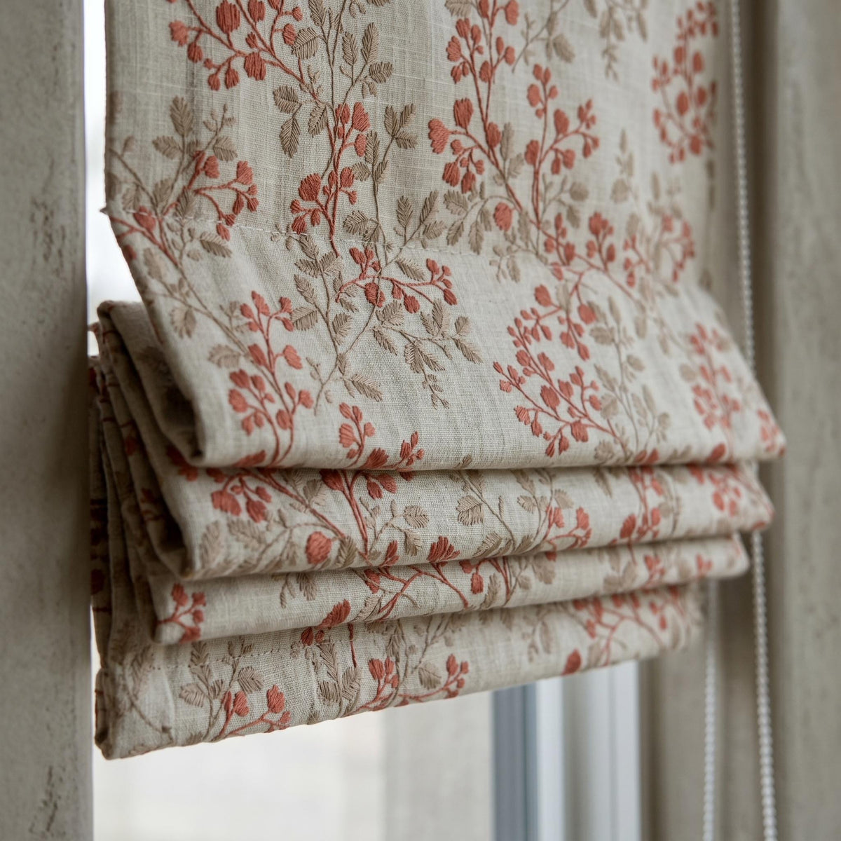 Natural Oatmeal Linen Roman Shade, Rust Red Botanical Leaf Embroidered Blind, Custom Corded Blackout Cotton Lined — image 3
