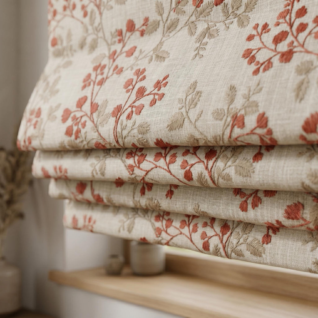 Natural Oatmeal Linen Roman Shade, Rust Red Botanical Leaf Embroidered Blind, Custom Corded Blackout Cotton Lined — image 1