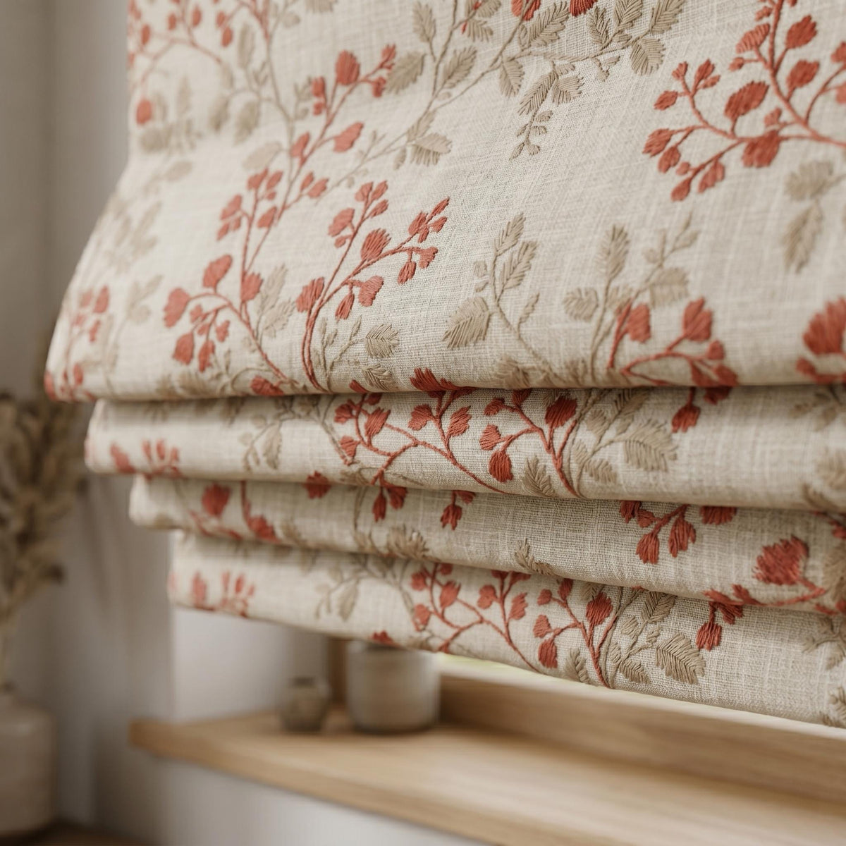 Natural Oatmeal Linen Roman Shade, Rust Red Botanical Leaf Embroidered Blind, Custom Corded Blackout Cotton Lined — image 2