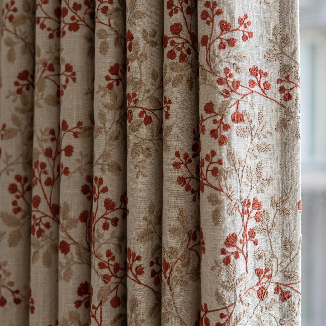 Natural Oatmeal Linen Curtains, Rust Red Beige Botanical Embroidered Drapes, Blackout or Cotton Lined Custom Panels — image 1