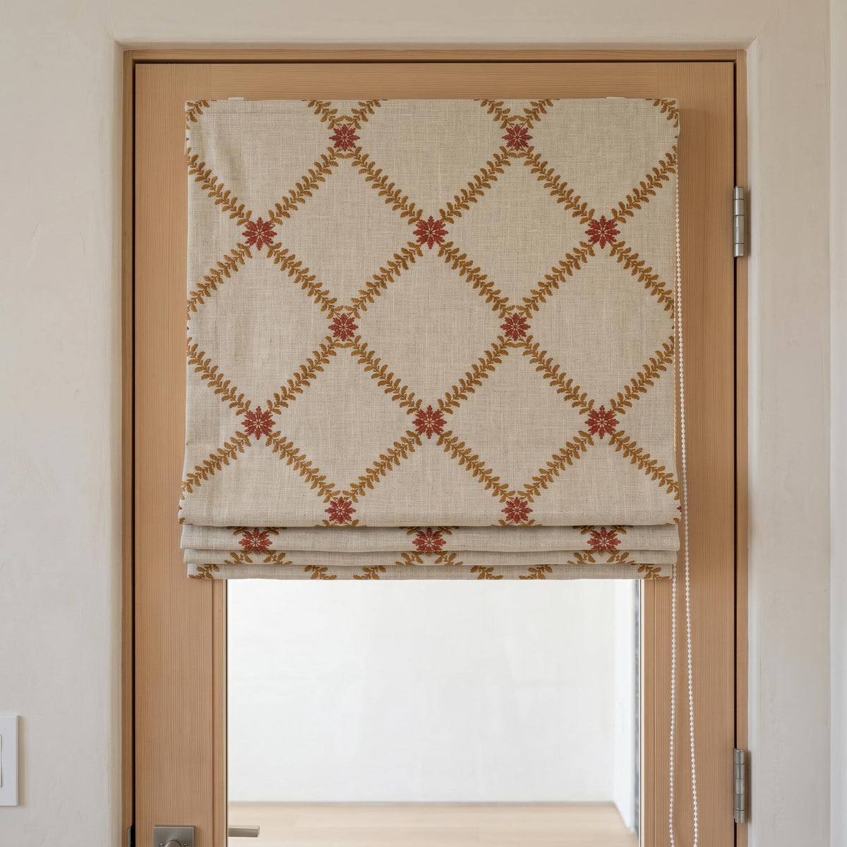 Natural Oatmeal Linen Roman Shade, Mustard Gold Fern Vine Embroidered Blind, Custom Corded Blackout Cotton Lined — image 5